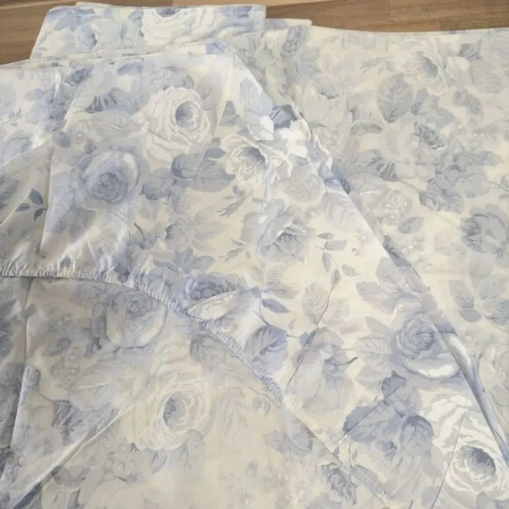 Rare Eileen West Martex Blue Peony Floral QUEEN Sheet Set 4PC Eyelet Lace Trim‎